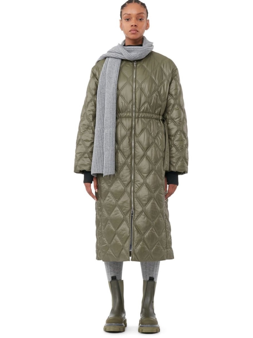 GANNI Green Shiny Quilted Long Coat in size S/M